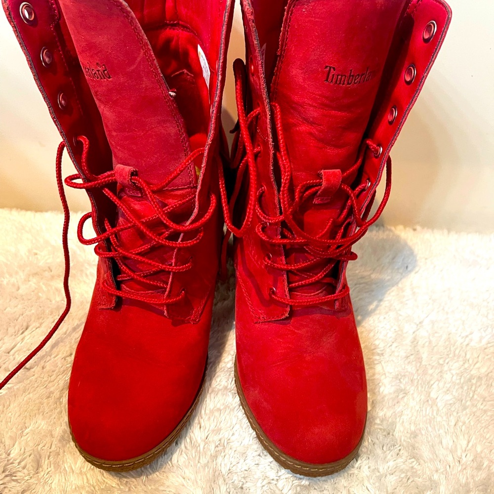 Ruby red Timberland lace up heeled boots